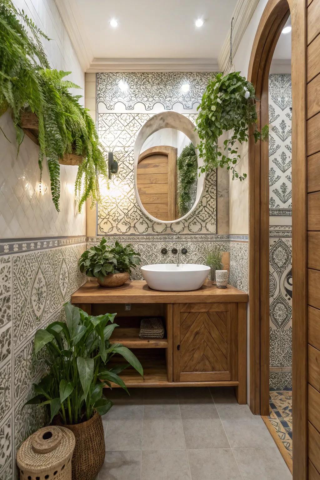 Natural elements like wood and plants add warmth to your powder room.