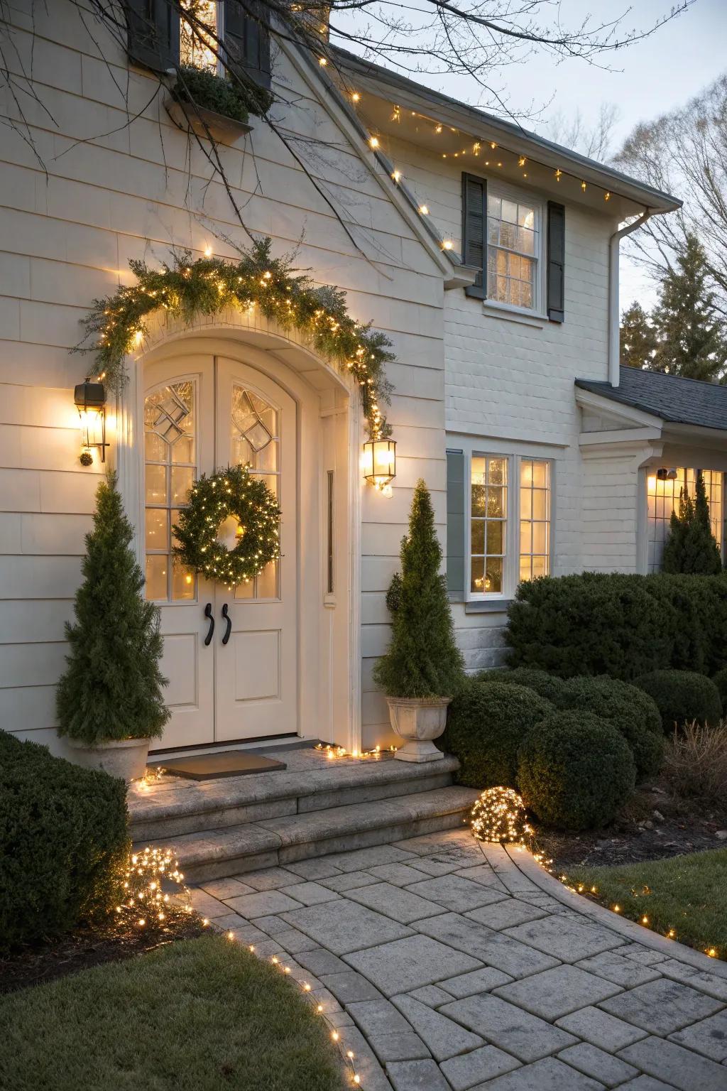 Sophisticated outdoor lighting spreads holiday cheer to the neighborhood.