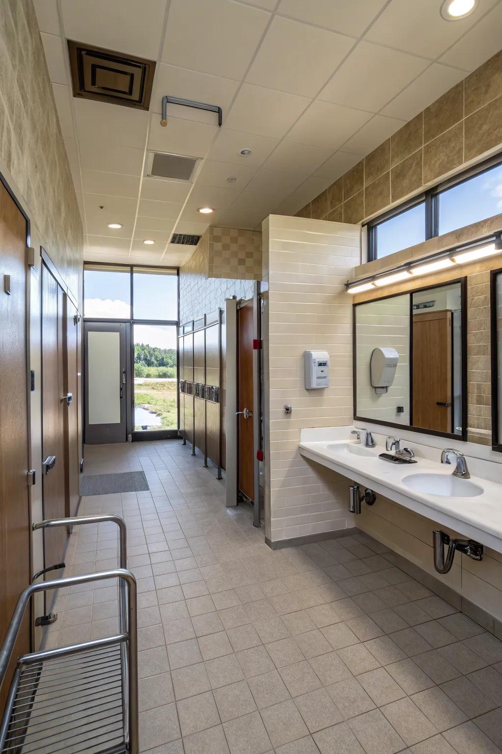 Accessibility features ensure inclusivity in shared restroom design.