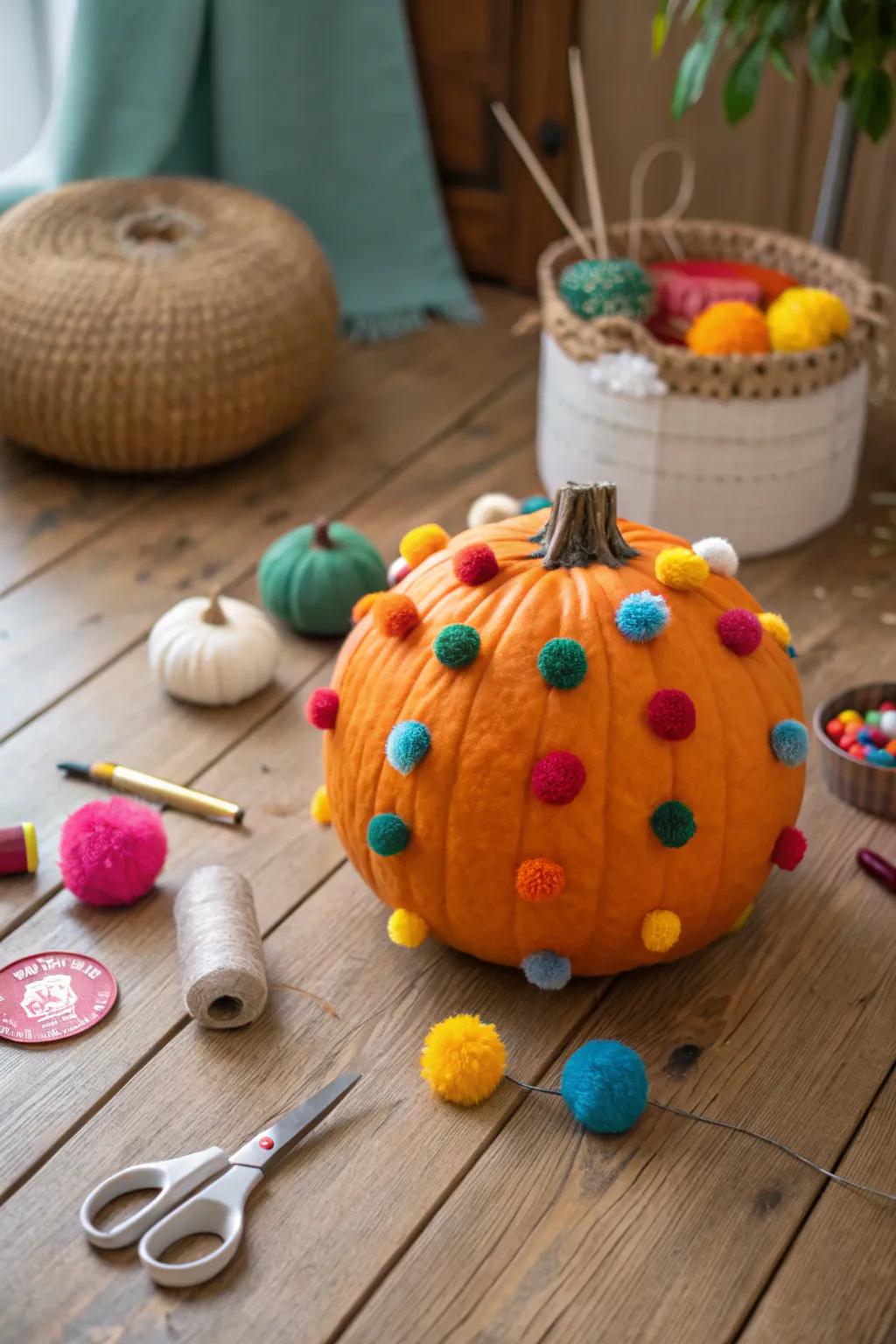 Pom-pom pumpkins bring a lively and joyful vibe.