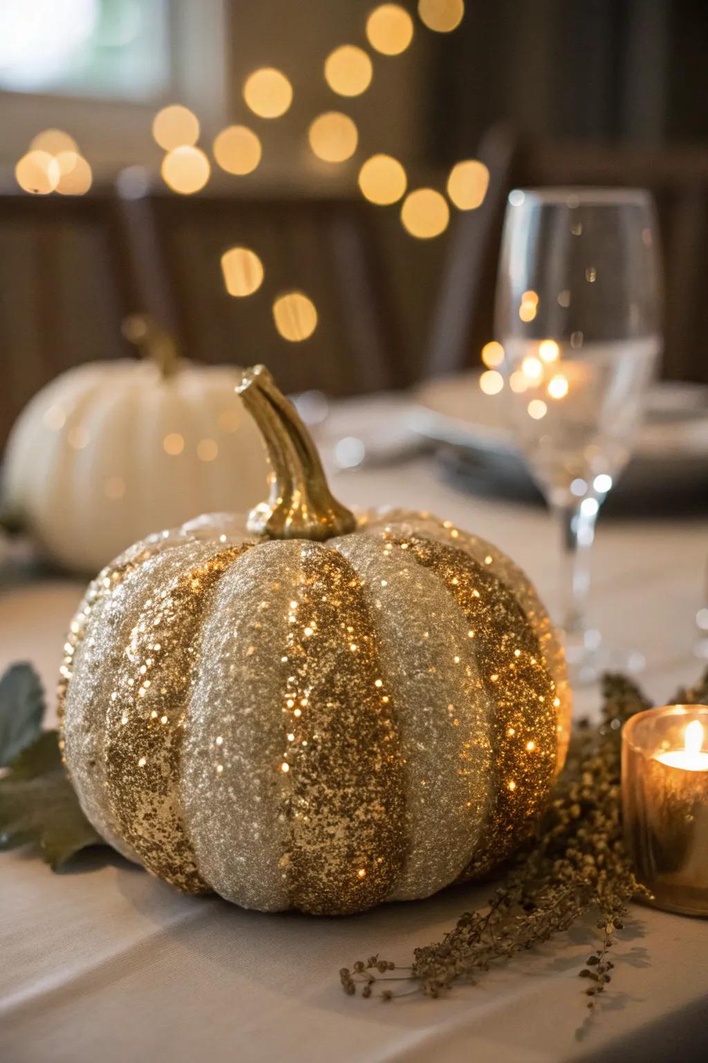 A glam glitter pumpkin adding sparkle to autumn decor.