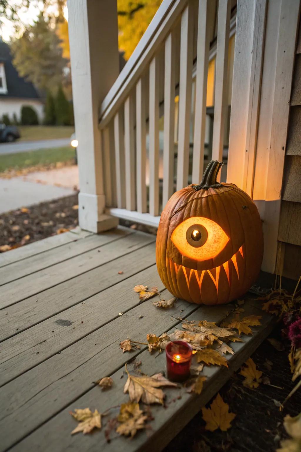 A single-eyed pumpkin adds a humorous and chilling element to your display.