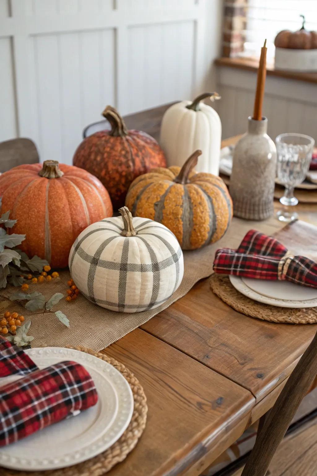 Imbue your home with rustic warmth through checkered pattern pumpkins.