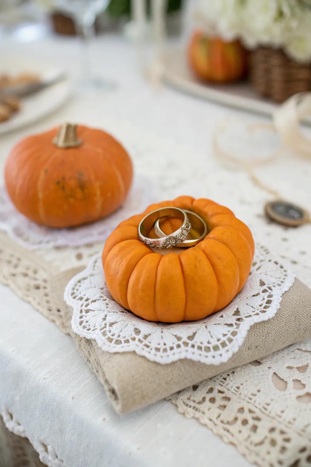 A whimsical gourd ring bearer pillow adding charm to the ceremony.