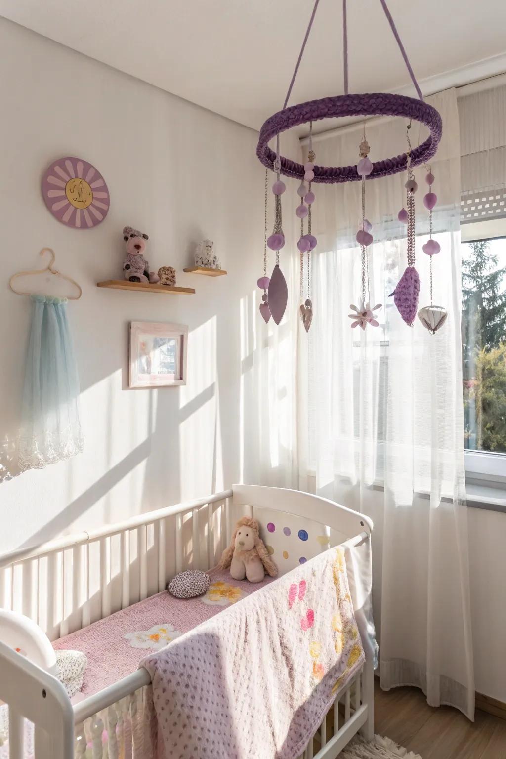 Purple mobiles offer delightful visual stimulation.