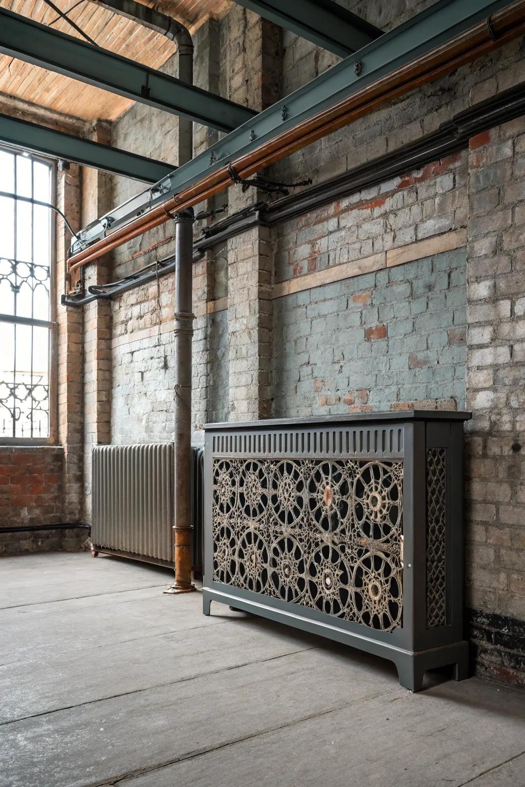 A metallic grating design provides an industrial touch to a radiator enclosure.