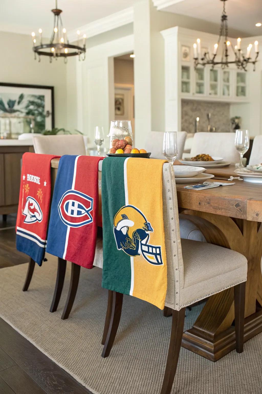 Inject a sporty touch with rally towels on chairs.