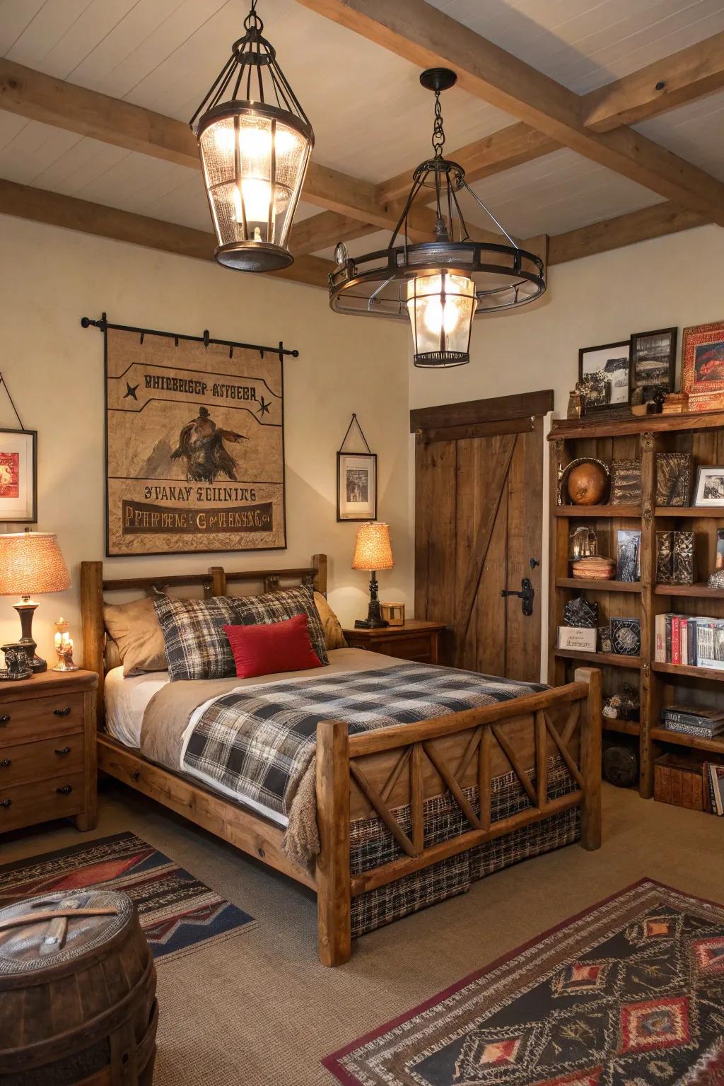 A bedroom showcasing wrought iron lighting fixtures and countryside design.