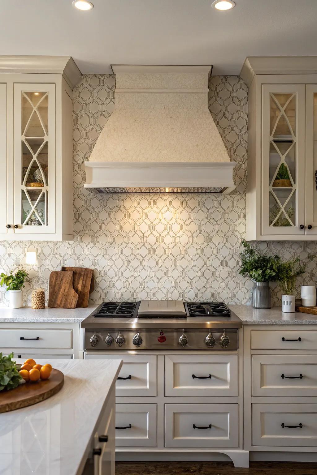 A kitchen featuring a textured tile splash guard that adds depth to a simple vent hood.