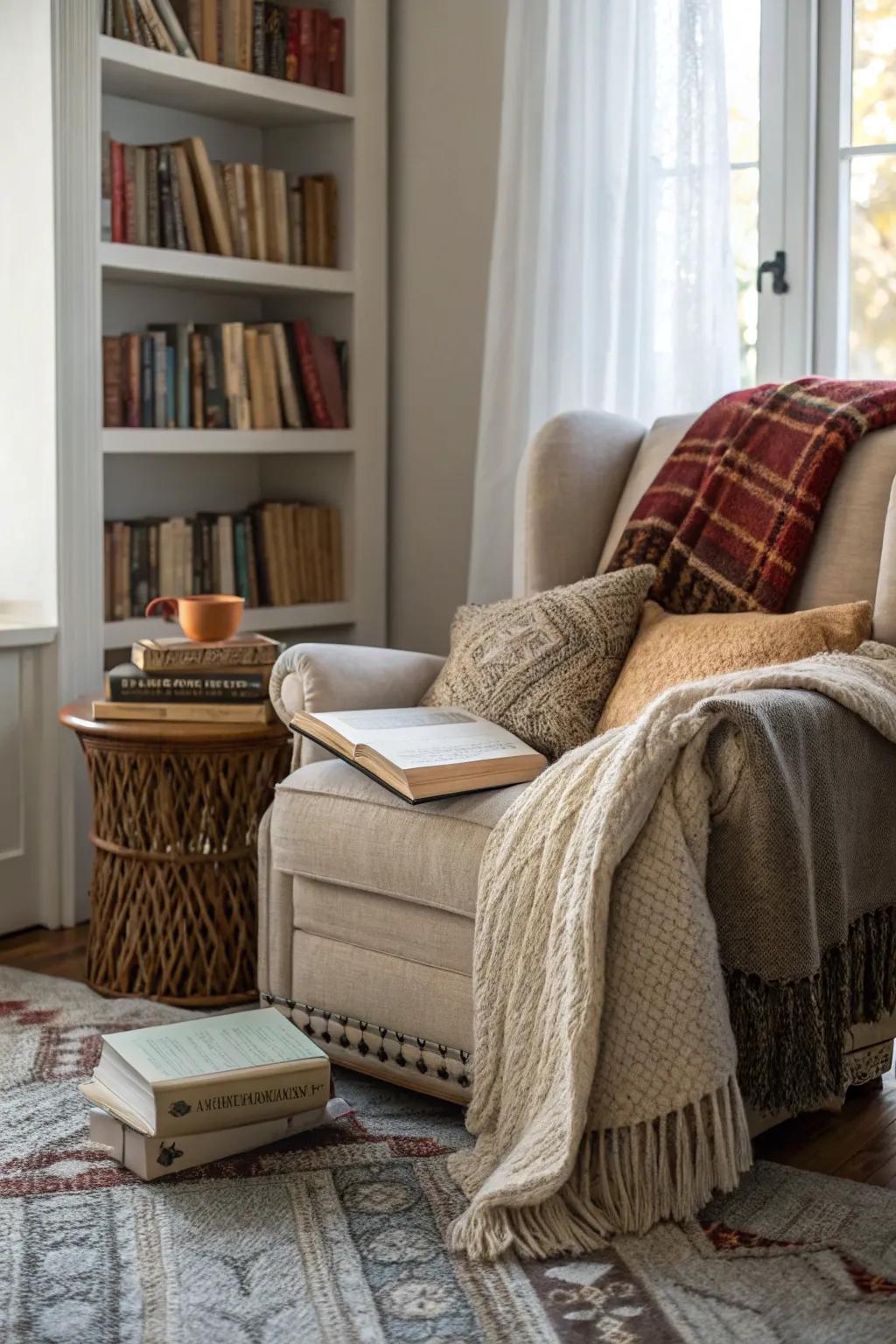 A reading nook featuring layers of fabrics for the ultimate comfort.