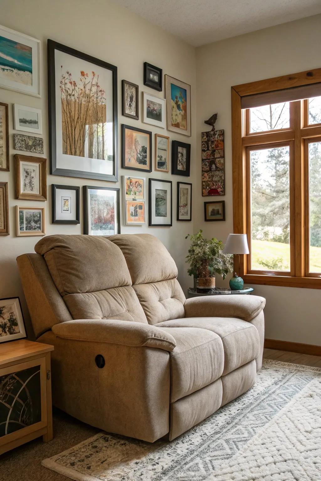 A gallery wall above the reclining sofa adding depth and personality.