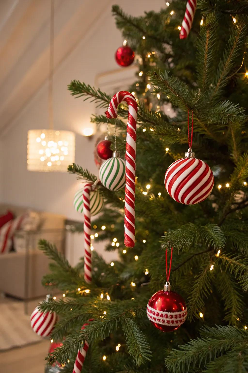 Whimsical candy cane-themed Christmas tree