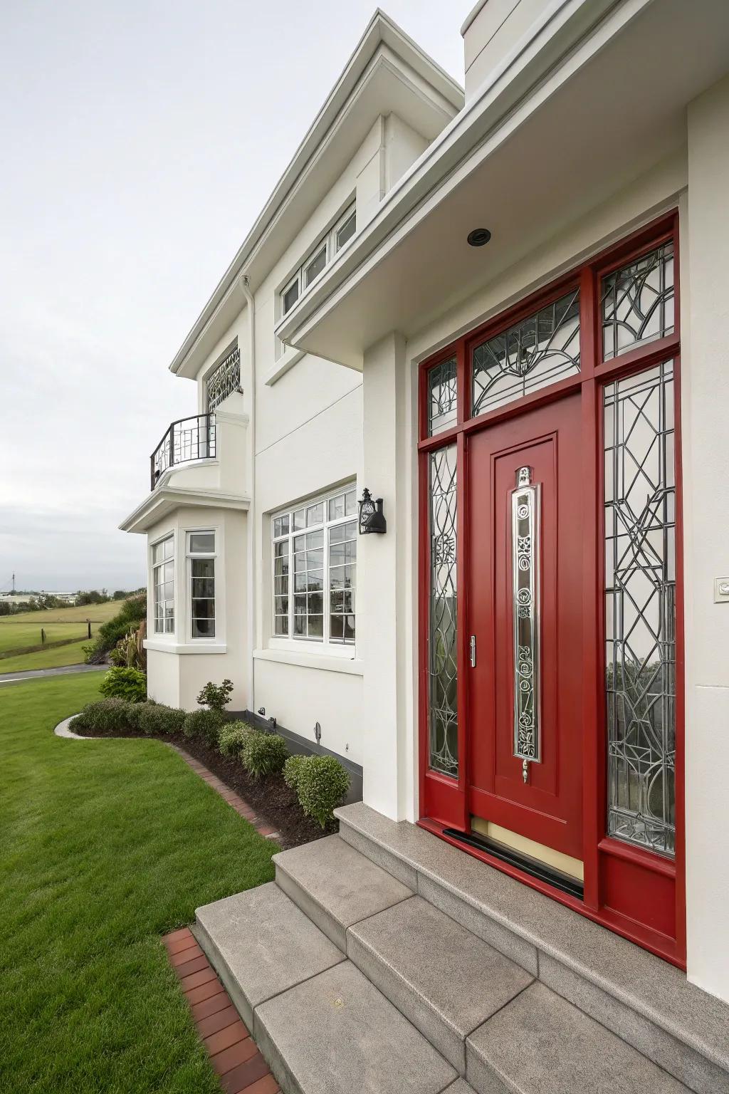 Art Deco home featuring a crimson door, highlighting geometric features.
