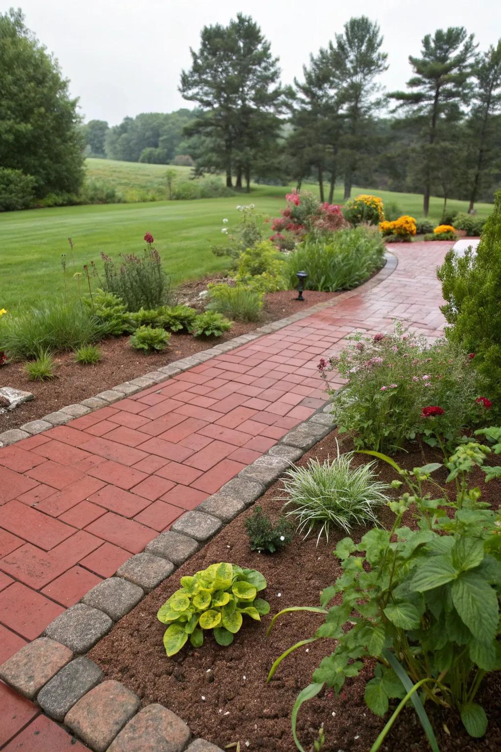 Sustainable rain gardens complement the splendor of crimson pavers.