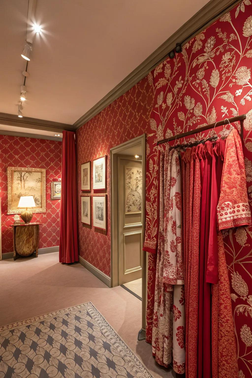 Patterned designs in crimson introduce a playful element to this space's décor.
