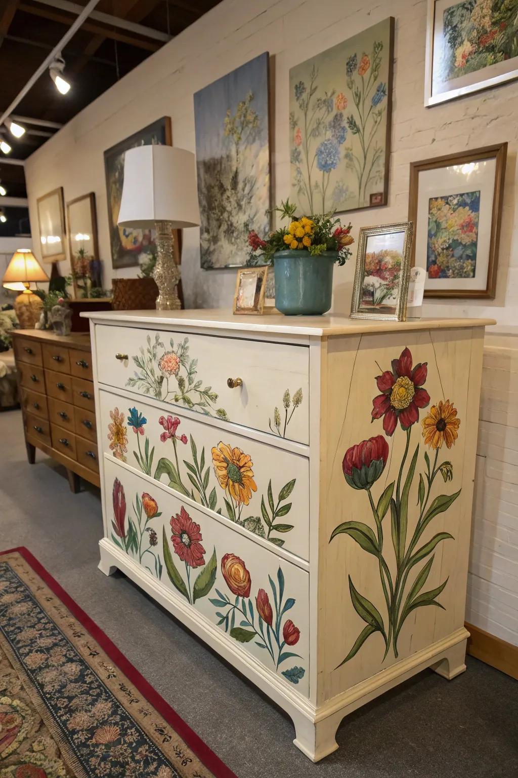 Hand-painted artwork turns a dresser into a canvas.