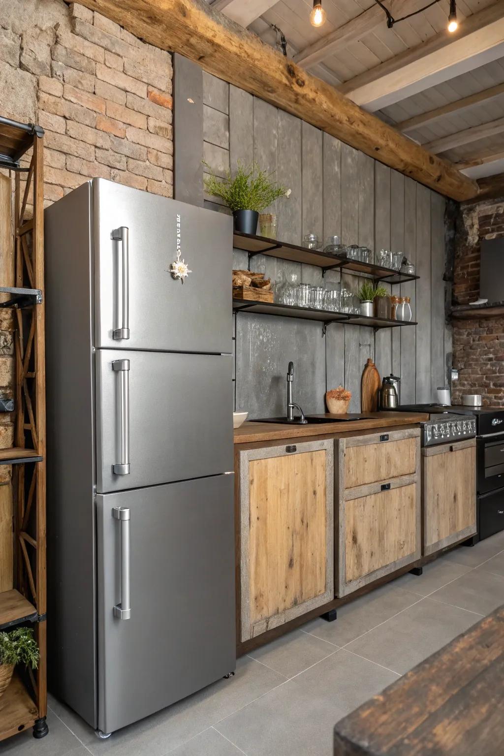 Industrial-style elements around the refrigerator give the kitchen a modern edge.