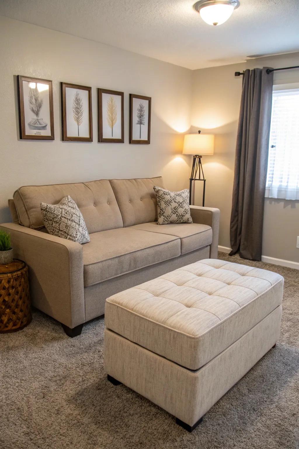 All-purpose furnishings maximize space and utility.