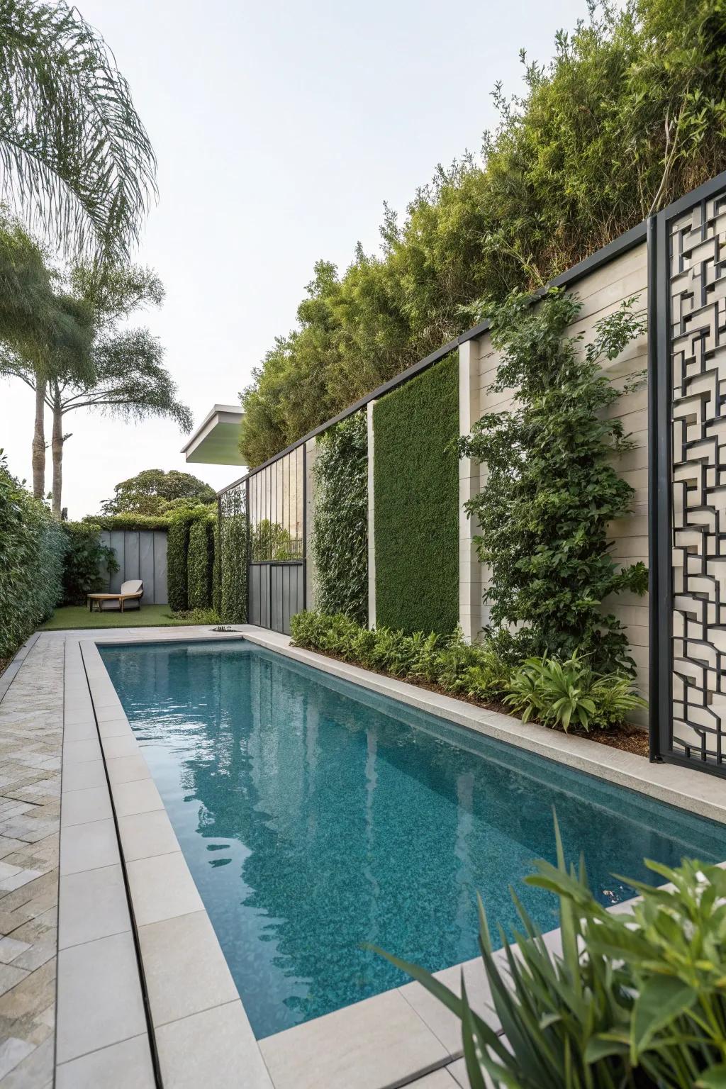 Privacy screens create a secluded and peaceful pool experience.