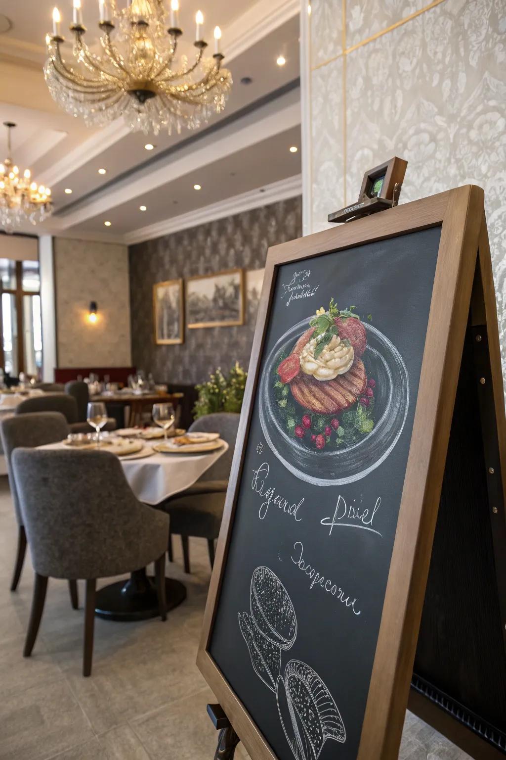 A chalkboard displaying a detailed illustration of a signature dish, adding elegance to the decor.