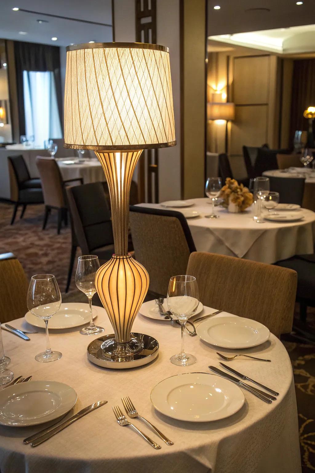 A sculptural table lamp serves as a centerpiece on an elegant restaurant table.