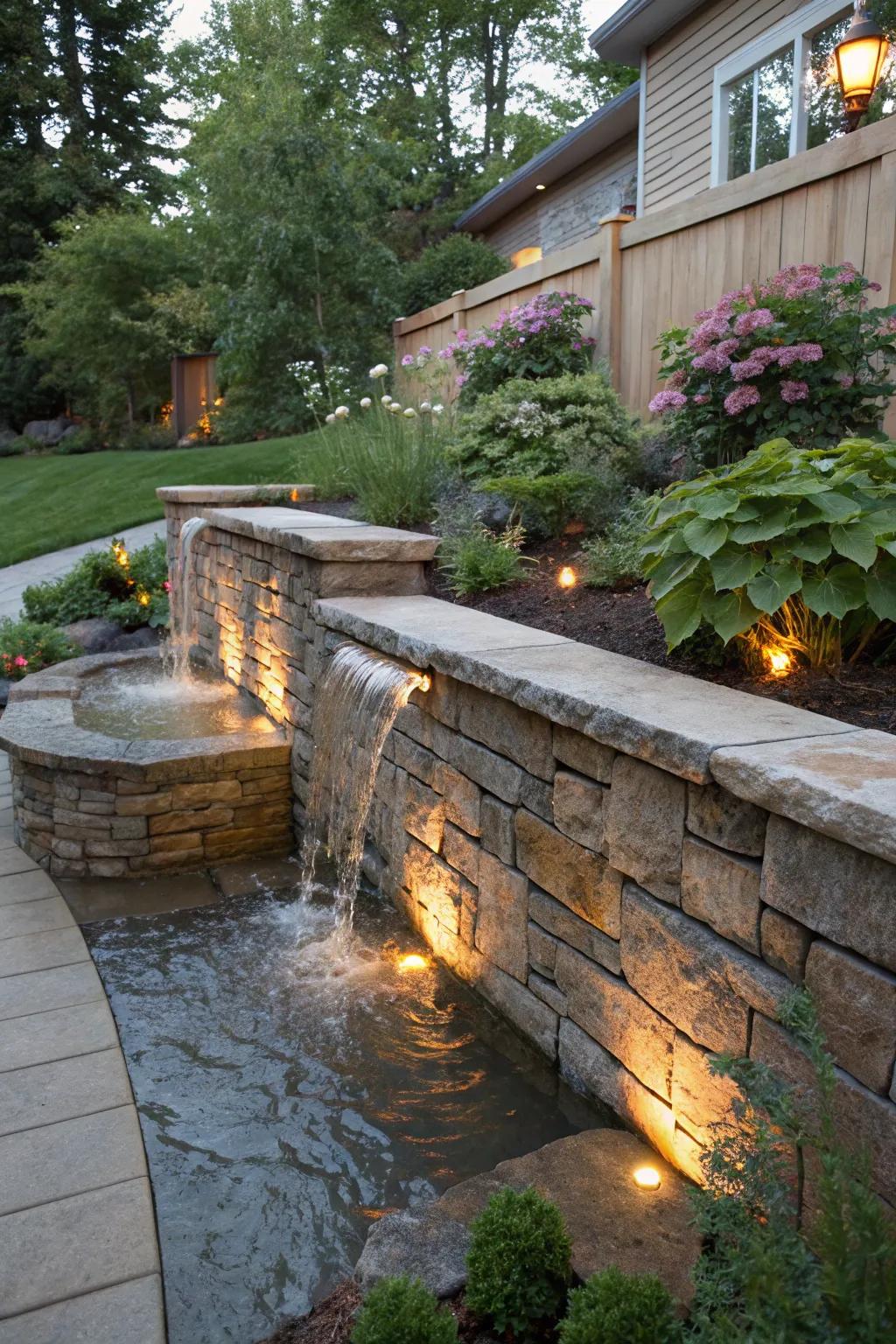 A supporting structure enhanced with a bubbling water feature, creating a peaceful garden atmosphere.