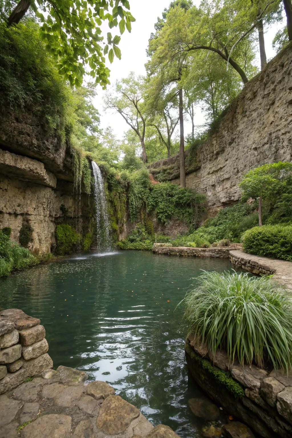A calming water feature encircled by rock structures adds tranquility.