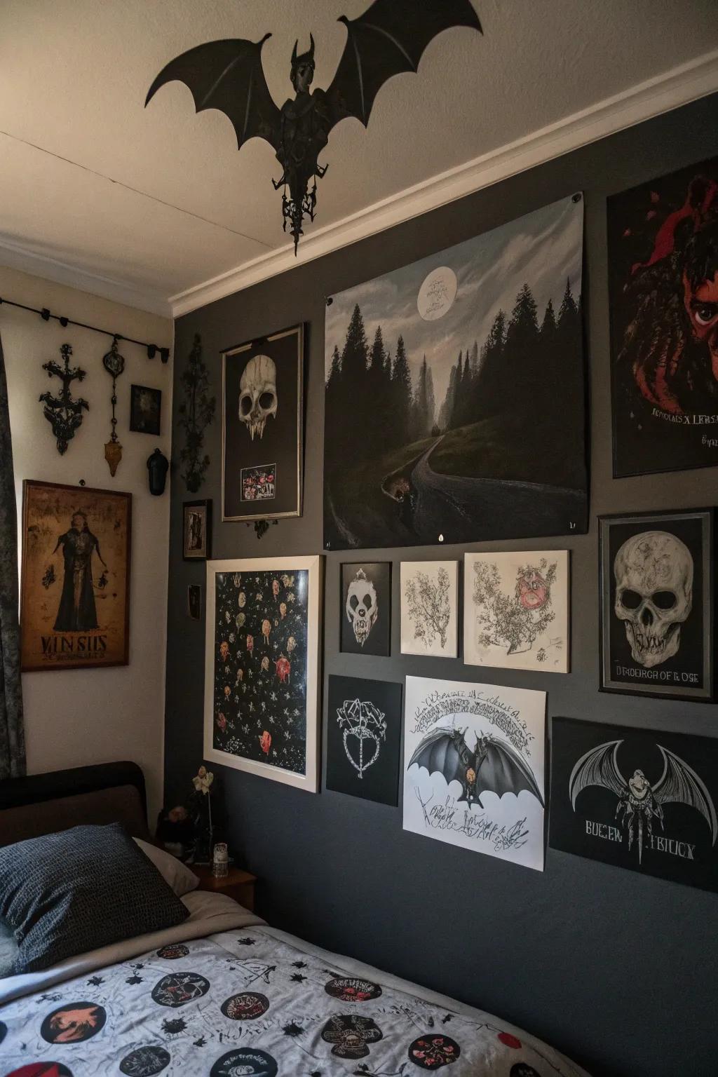 Gothic artwork injects a personal and artistic touch to the sleeping quarters.
