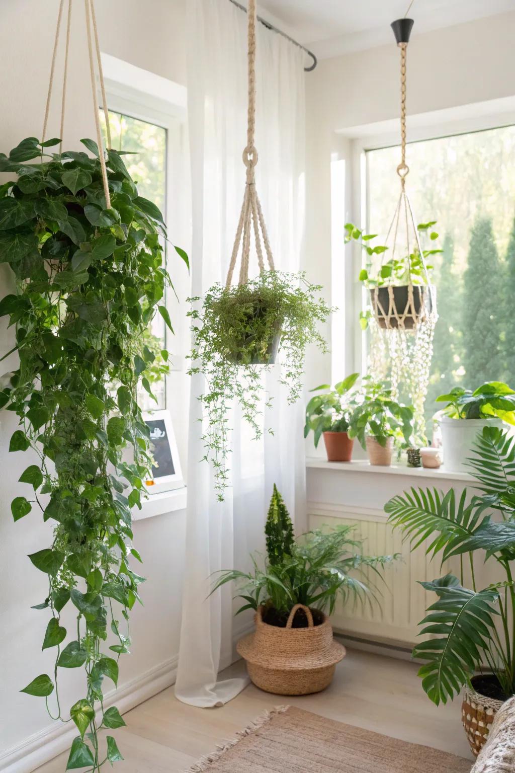 Hanging plants establish a vibrant, natural partition that revitalizes any space.