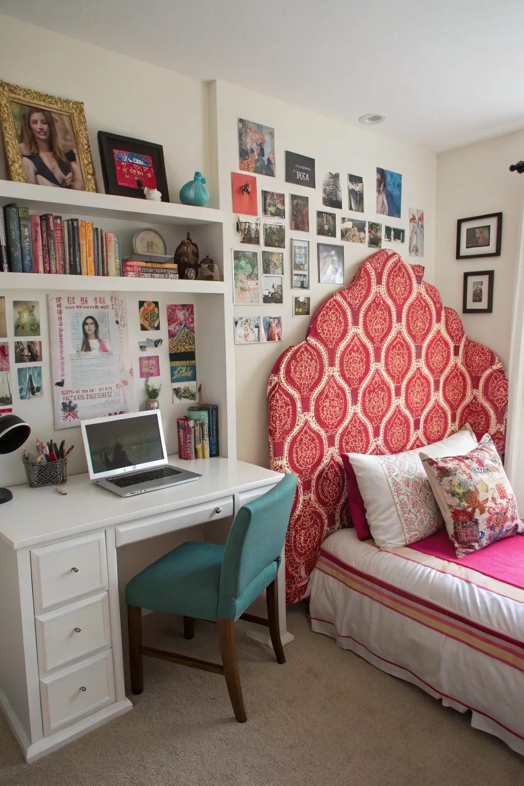 A statement headboard adds flair and uniqueness to the room.
