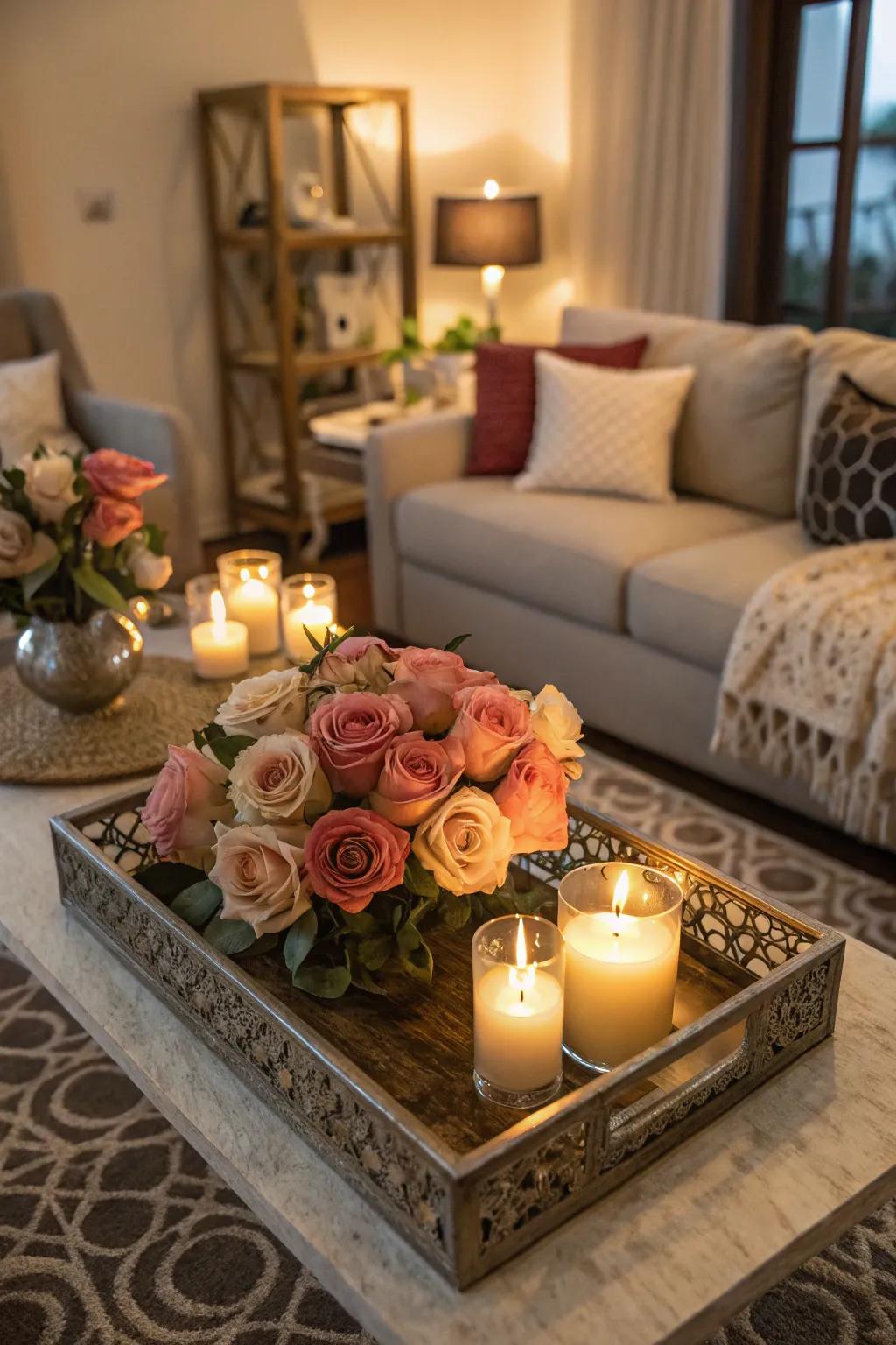 Refined and cozy rose platter presentation coupled with tapers.