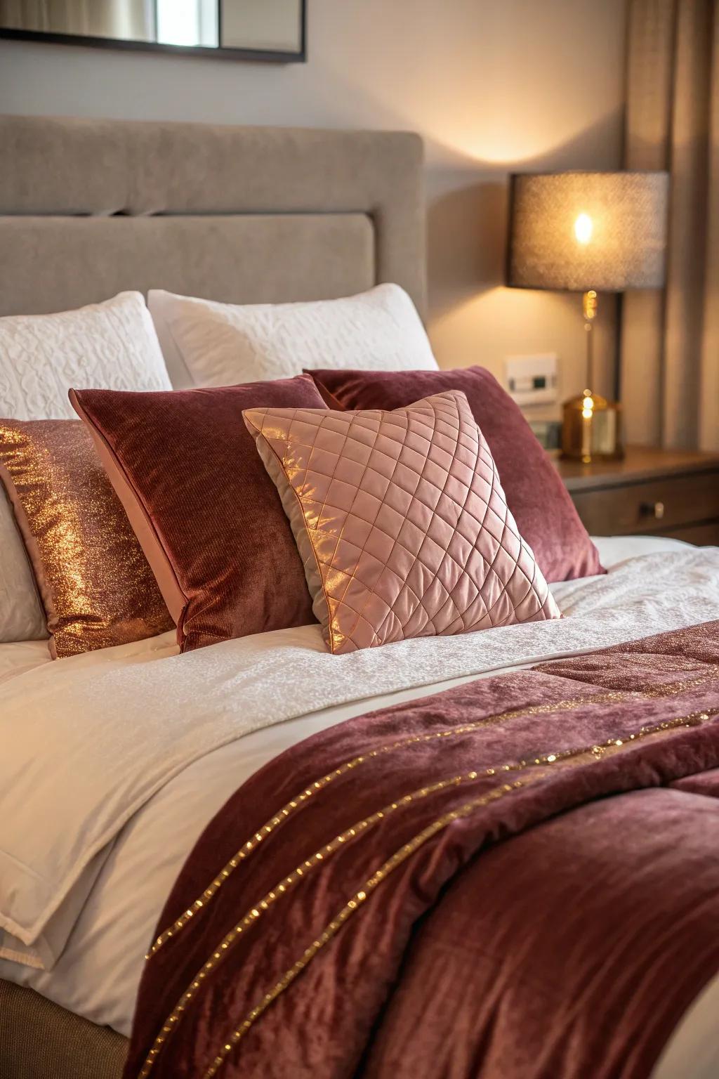 Rose gold and burgundy pillows add comfort and style to the bedding.