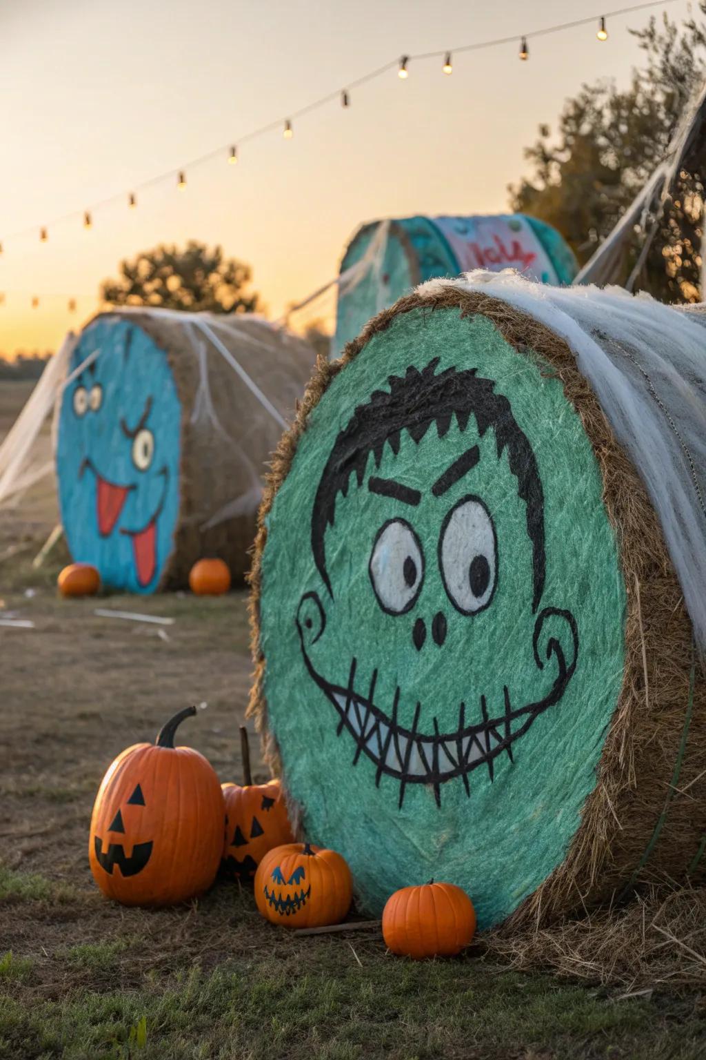 Add a playful scare to your Halloween decor with these monster-inspired hay bales.