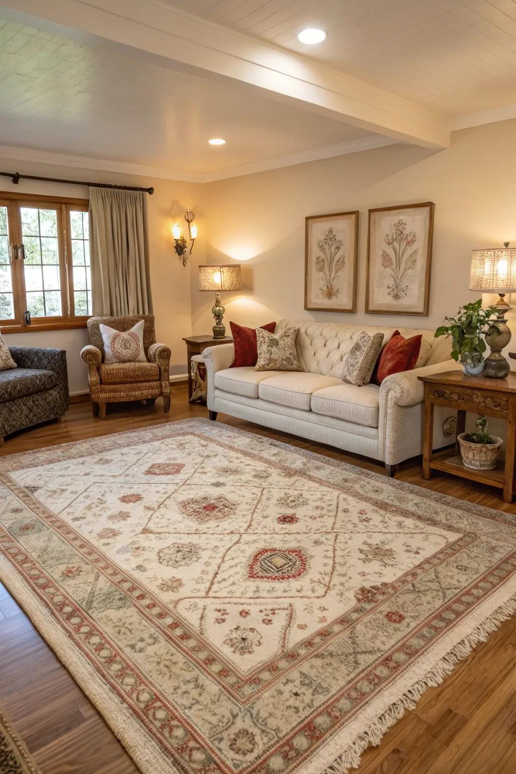 Balanced rug dimensions craft a harmonious room layout.