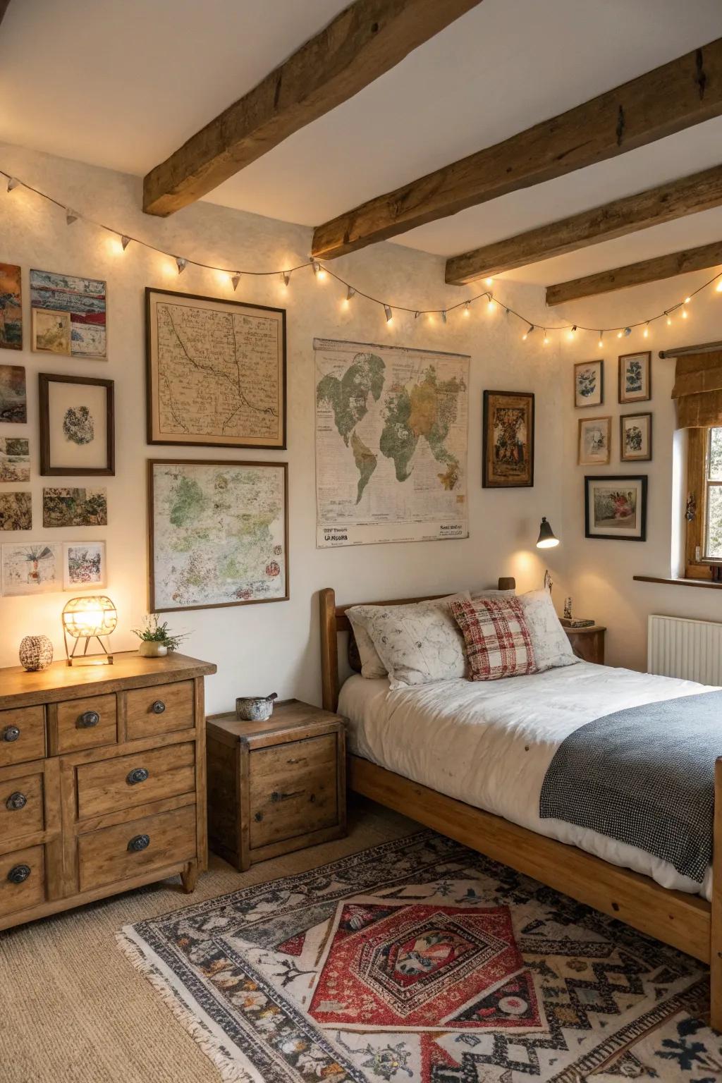 This antique bedroom gains a personal touch from a gallery wall.