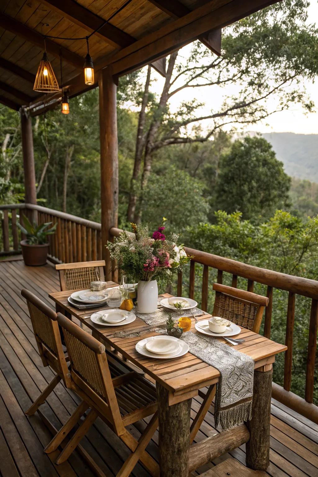 A timber feasting table welcomes outdoor meals on this deck.