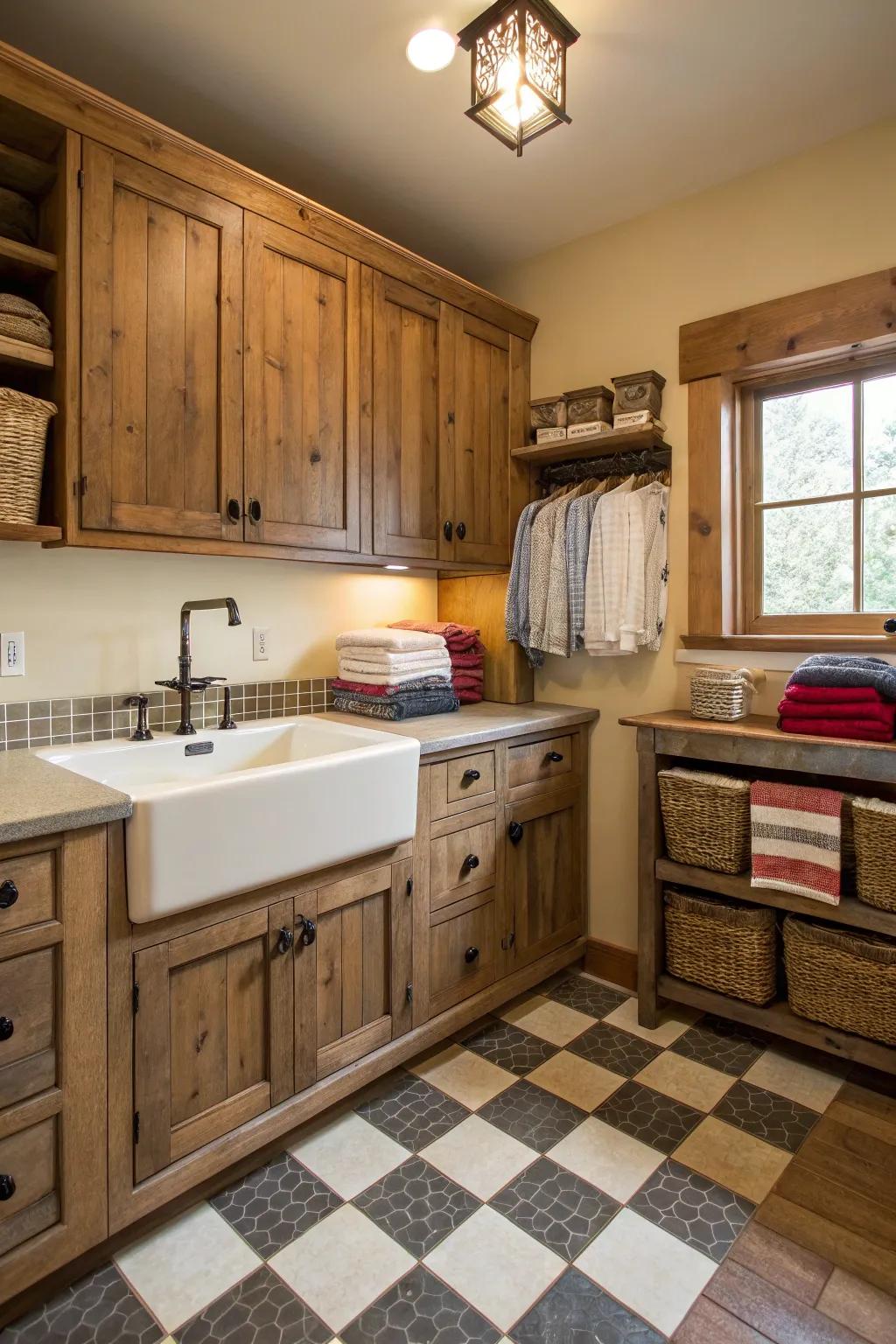 A farmhouse sink combines practicality with rustic elegance.