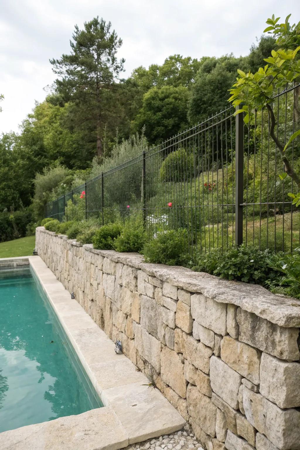 A robust natural stone wall providing rustic enclosure for the pool.