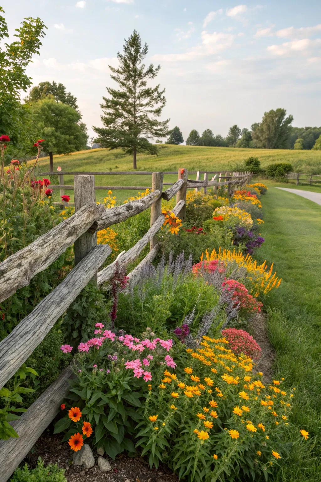 Seasonal plantings create a dynamic display against a split rail fence.