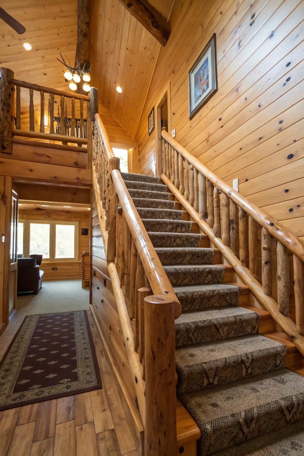 Trunk-themed railings that bring a cabin-like charm to a staircase.