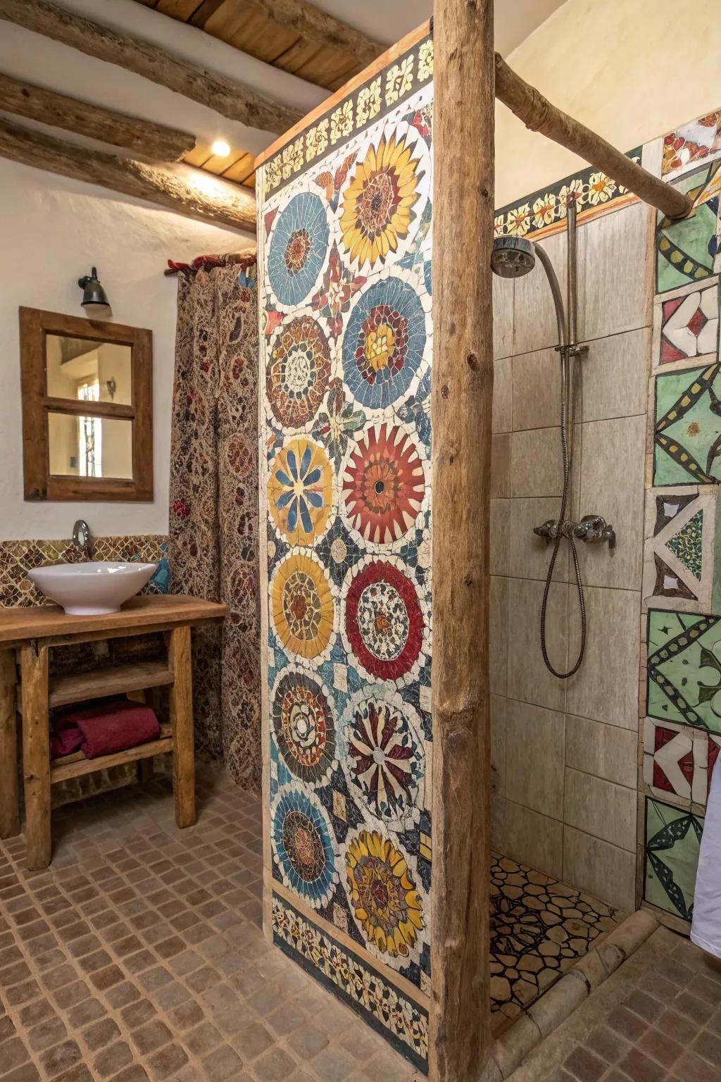 A rustic shower featuring mosaic tile patterns that add color and intricacy.
