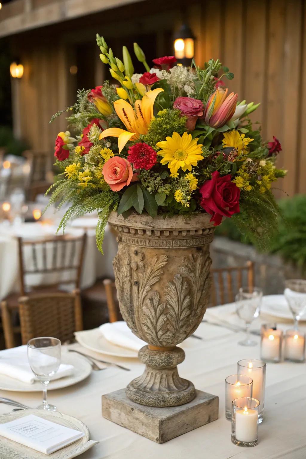 Rustic urns act as emphatic and elegant centerpieces.