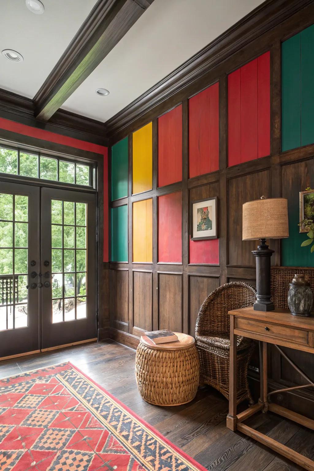 Bold colors in rustic wainscoting create a striking visual impact.