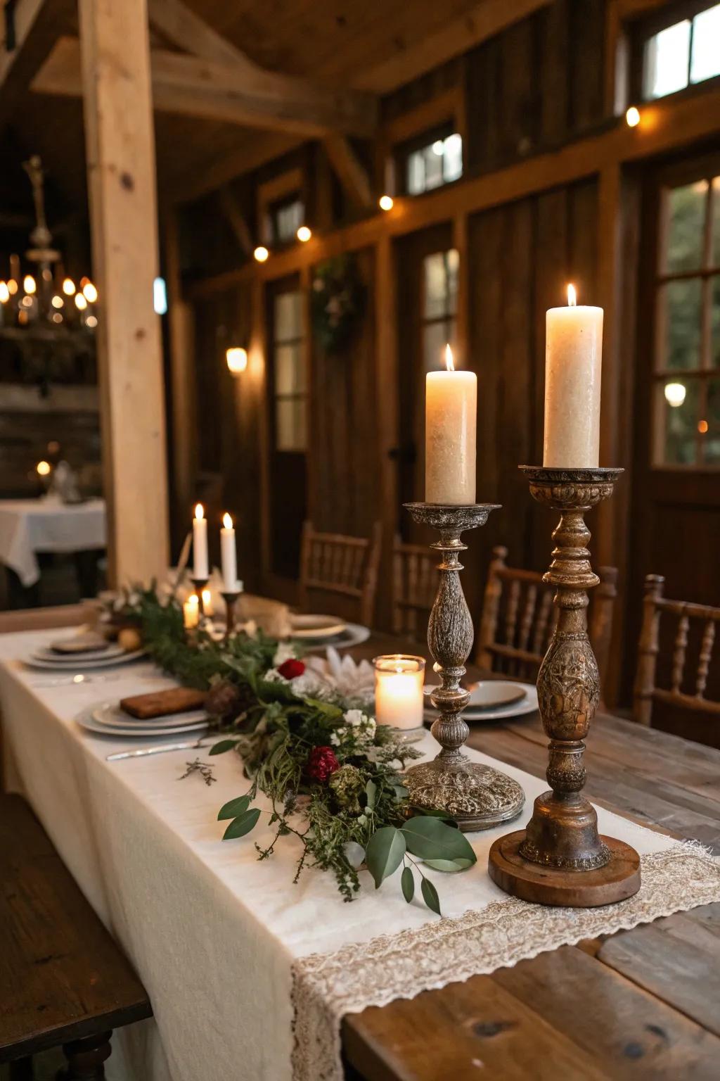 Antique flame holders offering a touch of sophistication to the countryside table.