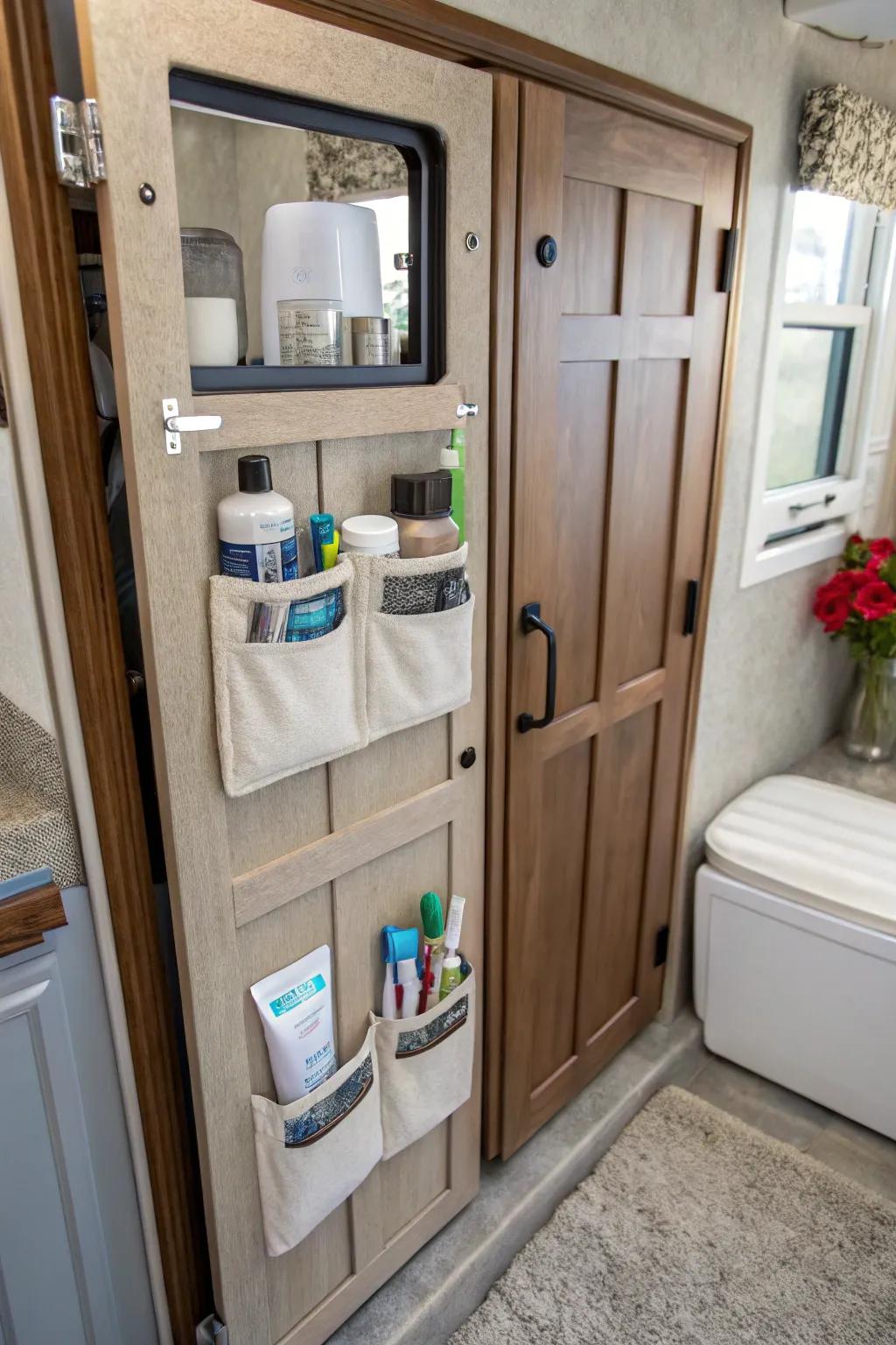 Improve cabinet doors with storage pockets.