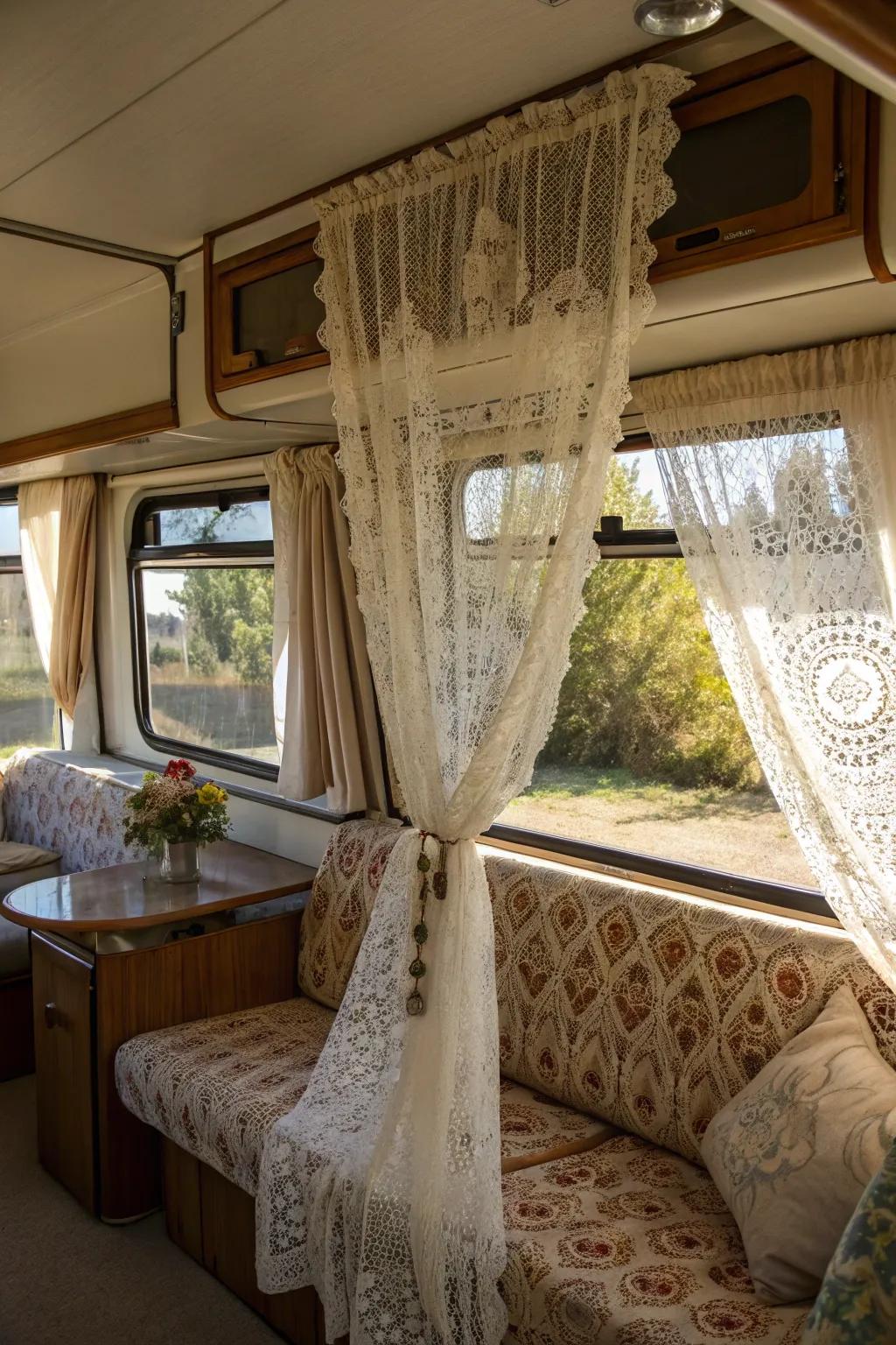 Vintage charm with delicate netting curtains in your RV.
