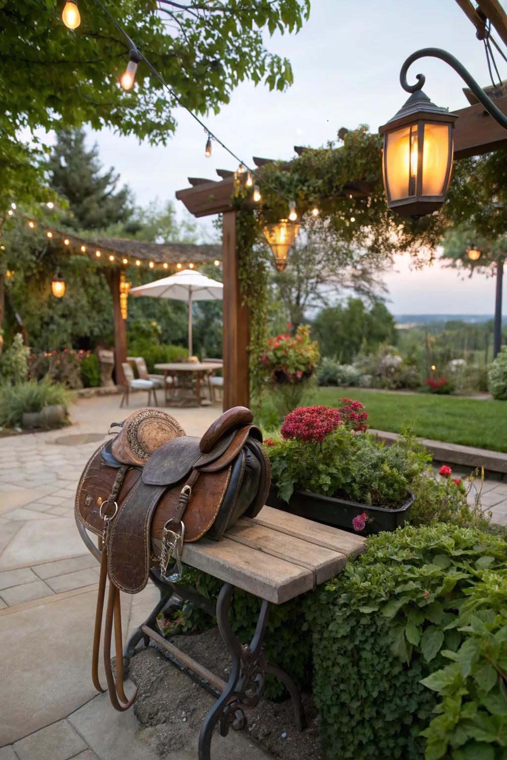 This lovely garden patio features rustic seating on equestrian benches.