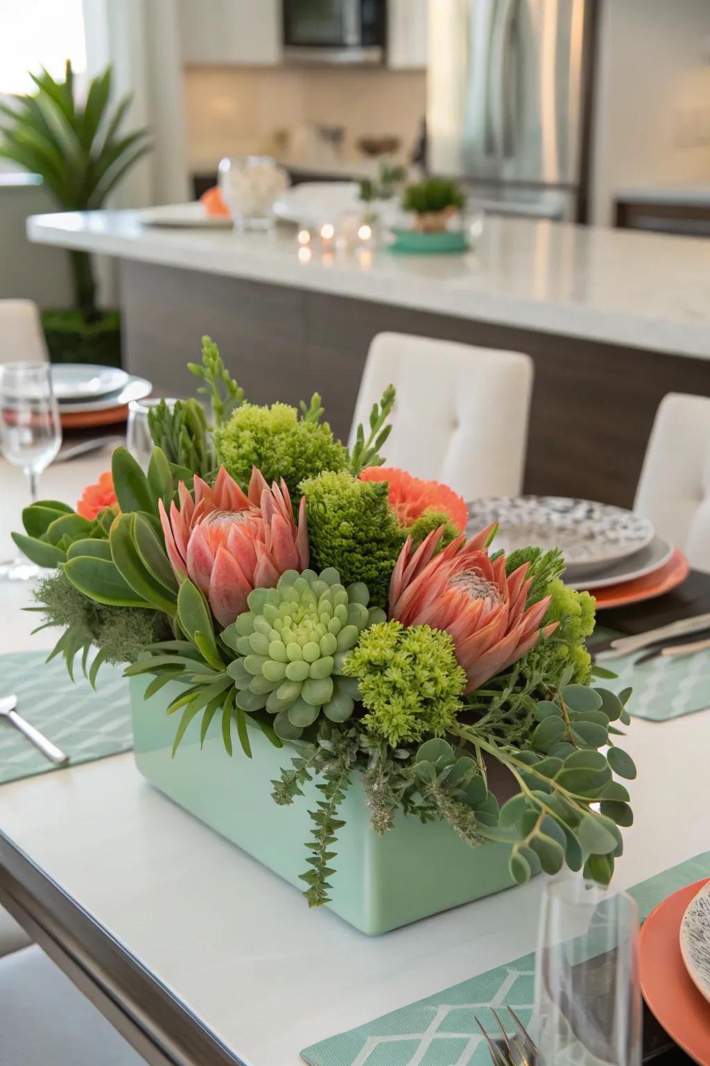 Sage green and coral combine to create a cheerful and vibrant focal point.