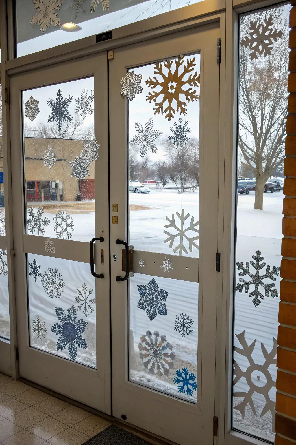 A winter-themed academic entrance featuring elaborate frozen flakes.