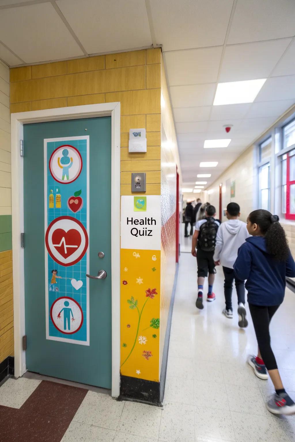 An interactive school nurse door features a health quiz for students.